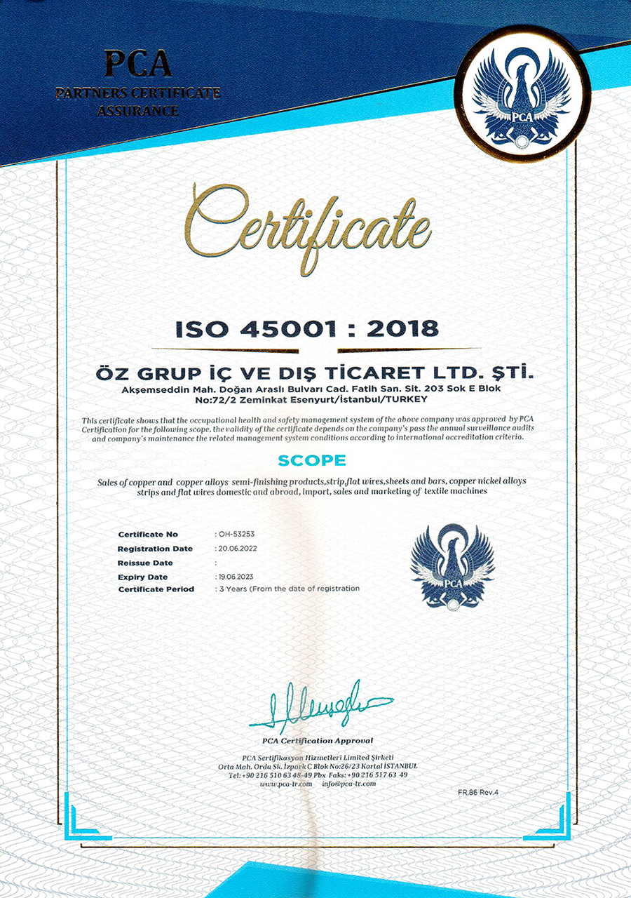 PCA ISO 45001 Certificate